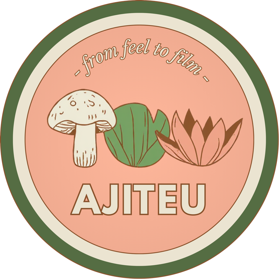 AJITEU badge — a mushroom, lily pad and lotus in a calm circle, wrapped by the tagline 'from feel to film'